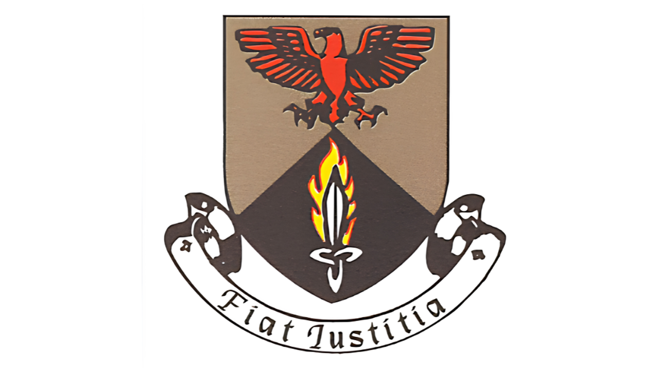 Coat of arms featuring an eagle above a flaming sword, with the motto 